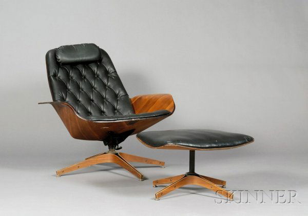 Plycraft Chair and Ottoman Black upholstery and la: Plycraft Chair and Ottoman Black upholstery and laminated plywood George Mulhauser designer, Lawrence, Massachusetts, mid 20th century Winged laminated wood frame with black tufted upholstery, raised