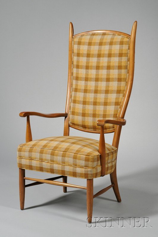 Edward Wormley for Dunbar Chair Maple Mid 20th cen: Edward Wormley for Dunbar Chair Maple Mid 20th century Tall back with curved armrests on tapered cylindrical legs, in gold, brown and cream plaid upholstery, lower side stretcher, Dunbar label, ht. 50