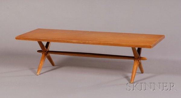T.H. Robsjohn Gibbings (1905-1976) Coffee Table Ve: T.H. Robsjohn Gibbings (1905-1976) Coffee Table Veneered hardwood and birch Widdicomb Furniture, 1960's Rectangular top on X-shape ends with turned connecting stretcher, Widdicomb and T.H. Robsjohn Gi