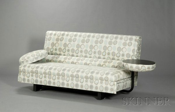 Modern Sofa/Bed Donghia fabric, metal, and laminat: Modern Sofa/Bed Donghia fabric, metal, and laminate Germany, fourth quarter 20th century Rectangular form converts to a bed with two circular upholstered tables that flip to tray surface, open lg. 80,