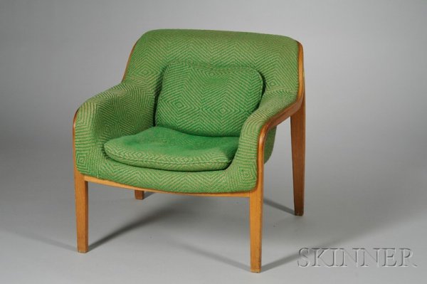 Knoll Armchair Oak and upholstery Knoll internatio: Knoll Armchair Oak and upholstery Knoll international, 320 Park Ave., New York, 1972 Bentwood frame with upholstered seat and back in green and natural patterned fabric, paper and foil labels on seat
