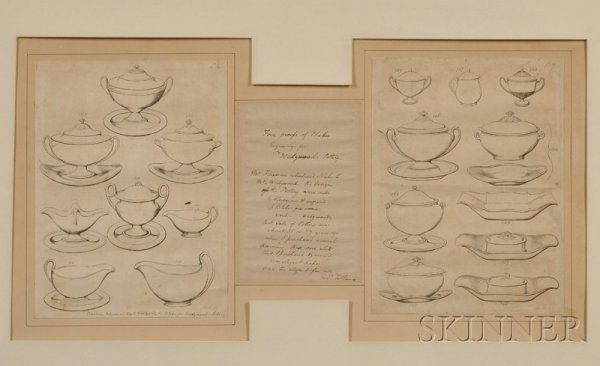 Framed Wedgwood Catalogue Proofs, England, c. 1815,: Framed Wedgwood Catalogue Proofs, England, c. 1815, engraved by William Blake, two plates of Queen's ware produced to be illustrated in the 1817 catalogue, overall frame size 18 1/4 x 24 3/4 in.