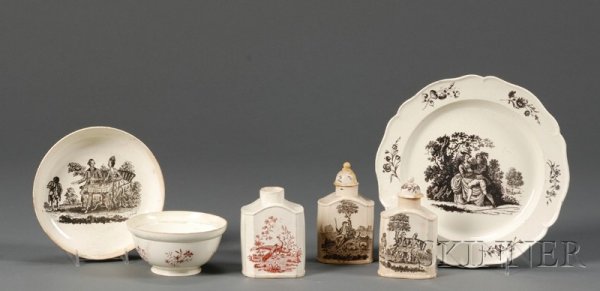 Six Transfer Printed Creamware Items, England, late: Six Transfer Printed Creamware Items, England, late 18th century, four marked Wedgwood, a lower case red transfer printed tea canister with exotic birds, ht. 4 3/8 in.; a red transfer printed bowl wit