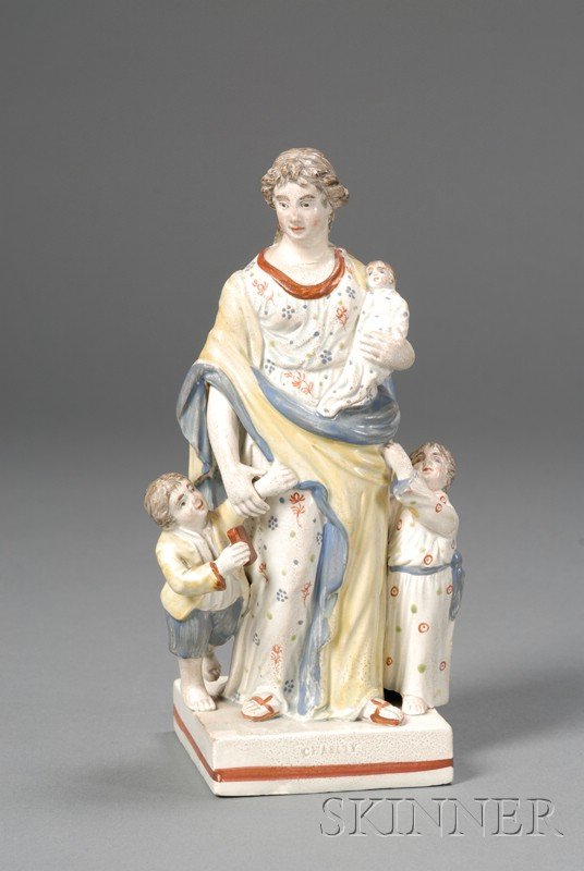 Wedgwood Pearlware Charity Group, England, early 1: Wedgwood Pearlware Charity Group, England, early 19th century, probably Ralph Wedgwood, overglaze enamel decorated with title to the square plinth, impressed mark, ht. 8 5/8 in. Provenance: Ex Frank F