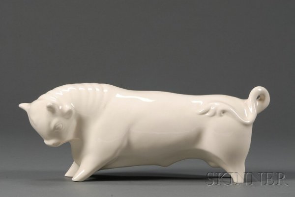 Wedgwood Queen's Ware Taurus the Bull, England, mi: Wedgwood Queen's Ware Taurus the Bull, England, mid 20th century, modeled by Arnold Machin, impressed and printed marks, lg. 15 5/8 in.