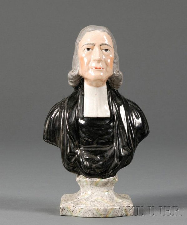 Staffordshire Earthenware Bust of John Wesley, Eng: Staffordshire Earthenware Bust of John Wesley, England, mid to late 19th century, polychrome enamel decorated, ht. 11 1/2 in.