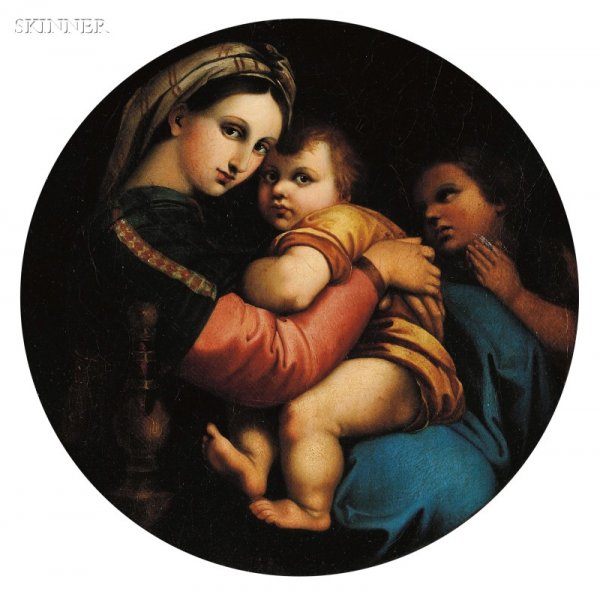 After Raphael (Italian, 1483-1520) Madonna della S: After Raphael (Italian, 1483-1520) Madonna della Sedia Unsigned. Oil on canvas, 13 3/4 x 13 3/4 in. (34.9 x 34.9 cm), framed. Condition: Retouch, varnish inconsistencies, craquelure, surfac
