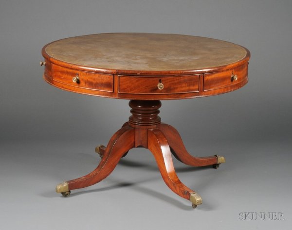 Regency Mahogany Leather-top Drum Table, early 19t: Regency Mahogany Leather-top Drum Table, early 19th century, circular top with green leather, four working and four sham drawers, turned stem and four downswept legs, ht. 30, dia. 41 in.