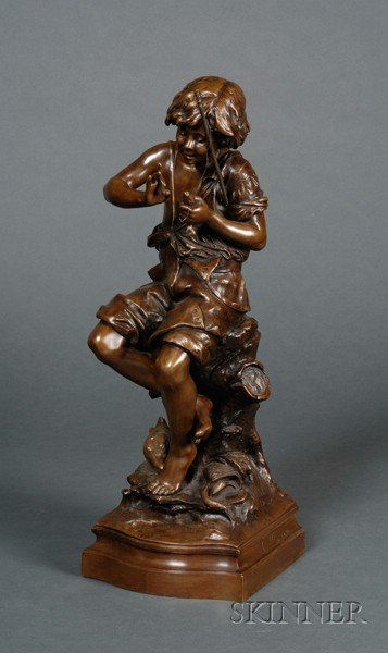 Francois Clement Moreau (French, 1831-1865), Bronz: Francois Clement Moreau (French, 1831-1865), Bronze Figure of a Fisherboy, the peasant boy seated on a rocky outcrop, holding a fish, ht. 21 1/2 in.