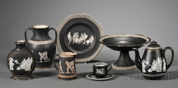Group of Pratt "Old Greek" Earthenware Articles, F: Group of Pratt "Old Greek" Earthenware Articles, Fenton, Staffordshire, c. 1875, transfer printed with scenes from antiquity, on black ground, comprising: a four piece tea and coffee service (teapot,