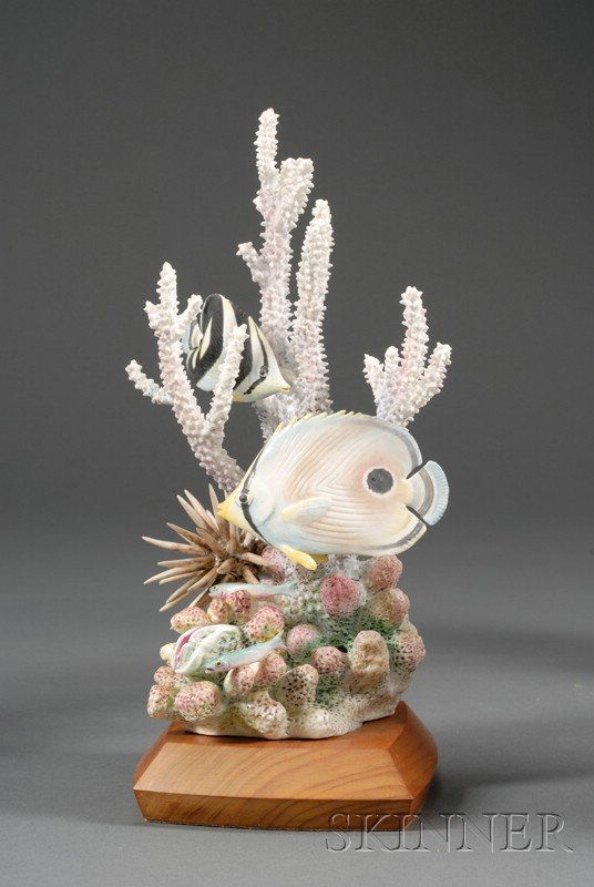 Royal Worcester Porcelain Model of Fish Specimens,: Royal Worcester Porcelain Model of Fish Specimens, 20th century, depicting Four-Eyed and Banded Butterfly Fish, designed and modeled by Ronald van Ruyckevelt, and numbered 107, highly realistically mo