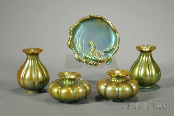 Five Zsolnay Green Eosin Articles, Hungary, 20th c: Five Zsolnay Green Eosin Articles, Hungary, 20th century, comprising a pair of vertically lobed thistle-shaped vases, ht. 4 5/8, a pair of squat melon-shaped vases, ht. 3, and a small Art Nouveau-styl