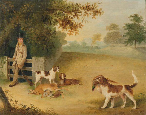 British School, 18th/19th Century Style Shooting S: British School, 18th/19th Century Style Shooting Scene Unsigned, identified on Frost & Reed labels on the reverse. Oil on canvas, 17 1/2 x 22 in. (44.5 x 55.9 cm), framed. Condition: Scatte