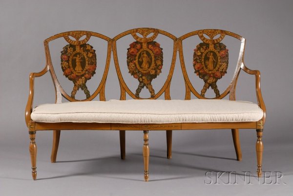 Georgian-style Polychrome Painted Triple-back Sett: Georgian-style Polychrome Painted Triple-back Settee with arched backrest painted with classical maidens and foliage, on circular turned legs, lg. 60 in.