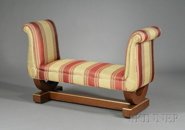 Russian Empire Style Silk Upholstered Window Bench: Russian Empire Style Silk Upholstered Window Bench, c. 1930, with scrolled ends and platform base, with C-shaped supports and an H-shaped plinth, lg. 56, seat ht. 18 in.