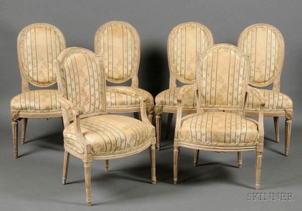 Assembled Suite of Louis XVI Painted Beechwood Sea: Assembled Suite of Louis XVI Painted Beechwood Seating Pieces, c. 1780, comprising a pair of fauteuils en cabriolet and set of four chaises en cabriolet, each with circular, stop-fluted and tapered le