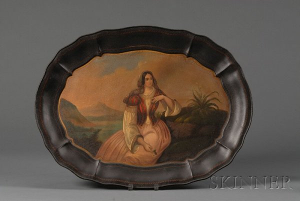 Large French Painted Tole Tray, late 19th century,: Large French Painted Tole Tray, late 19th century, oval, with molded rim, painted to center with an Italian maiden seated in a landscape holding a flower, with lake and mountain in the background, lg.