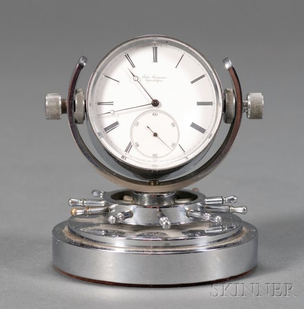Desk Watch by Jules Jurgensen, Copenhagen, gimballe: Desk Watch by Jules Jurgensen, Copenhagen, gimballed custom-made chrome case with nautical theme, bow setting pocket watch movement, enameled dial with Roman numerals, recessed seconds and signed Jule