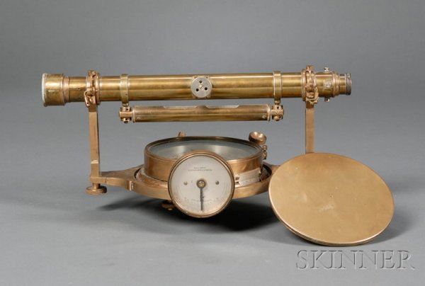 Brass Miner's Dial by Hall Brothers, with silvered: Brass Miner's Dial by Hall Brothers, with silvered 4 1/2 in. dial engraved Hall Bros., Clerkenwell, London, 1926, two inset vials, East and West points reversed, divided 0-90 in four quadrants, needle