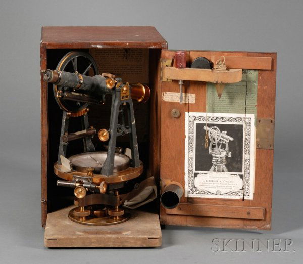 Surveyor's Transit by C. L Berger and Sons, Inc.,: Surveyor's Transit by C. L Berger and Sons, Inc., Roxbury and Boston, Massachusetts, the brass and stippled metal instrument with 5 in. dia. silvered dial marked with maker's name and No. 10556, verni