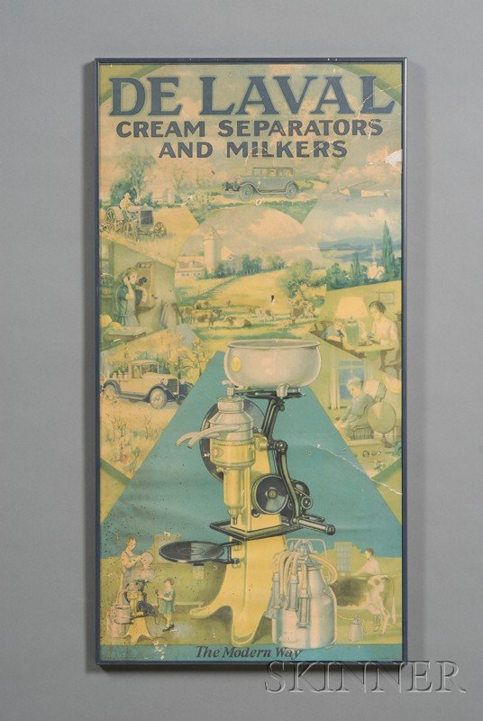 Two Advertising Posters for De Laval Cream Separat: Two Advertising Posters for De Laval Cream Separators and Milkers, c. 1930, the first, labeled The Keystone of Modern Dairying, with wooden frame, pictures a milking machine and cream separator with a