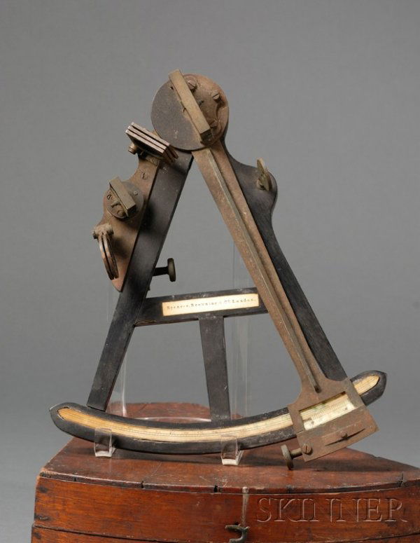 10-inch Radius Ebony Octant by Spencer Browning &: 10-inch Radius Ebony Octant by Spencer Browning & Company, London, with brass sliding index arm, bone scale divided 0-105, vernier scale indexed 0-20, thumb screw adjustment and lock, brass sighting p