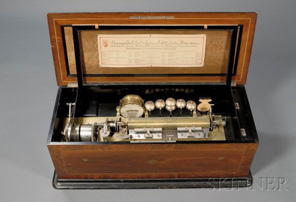 F. Conchon Full Orchestral Flute Changeable Musica: F. Conchon Full Orchestral Flute Changeable Musical Box, Geneva, No. 8536, with one (of six) eight-air 17-in. cylinders, drum, six bells, castanet and reed organ with 24 levers, four part comb with tw