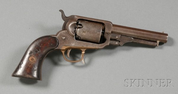 Whitney Pocket Percussion Revolver, 2nd type, c. 1: Whitney Pocket Percussion Revolver, 2nd type, c. 1850s-60s, engraved E. Whitney N. Haven, stock carved with the letters RES.