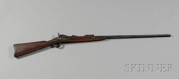 Model 1873 Springfield Trapdoor Rifle, half stock,: Model 1873 Springfield Trapdoor Rifle, half stock, (ring missing at the trigger guard), barrel lg. 32 1/2 in.