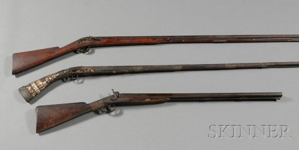 Lot of Assorted Gun Parts, from three long arms, i: Lot of Assorted Gun Parts, from three long arms, includes a Balkan gun with a silver inlaid barrel, and mother-of-pearl inlaid stock; a double gun; a hunter's musket.