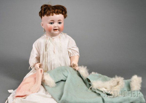Kammer & Reinhardt Bisque Head Character Doll and: Kammer & Reinhardt Bisque Head Character Doll and Clothes, c. 1909, impressed K*R Simon & Halbig 126, blue-gray glass flirty-sleeping eyes, open smiling mouth, auburn human hair wig, bent limb composi