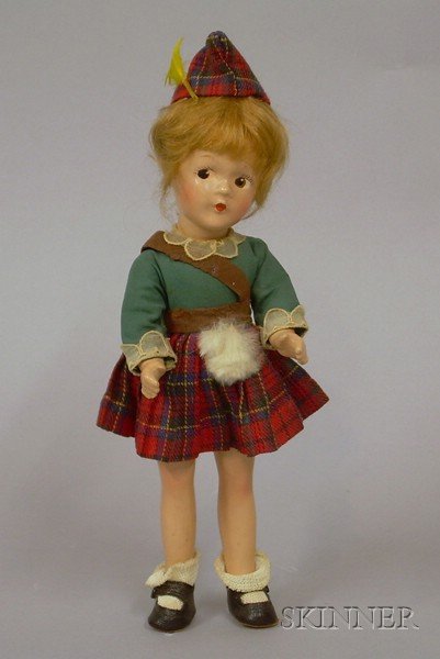Madame Alexander "Wee Bonnie Alexa" Composition Do: Madame Alexander "Wee Bonnie Alexa" Composition Doll, 1930s, with molded and painted features, closed mouth, brown eyes, strawberry-blonde mohair wig, and five-piece composition body, in green and red