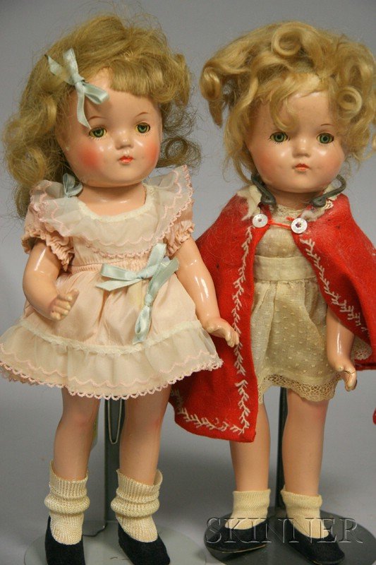 Two Madame Alexander-type Composition Dolls, both : Two Madame Alexander-type Composition Dolls, both with closed mouths, sleeping blue/green tin eyes, jointed necks, and five-piece composition bodies, one with blonde mohair wig, short muslin dress and