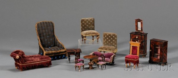 Group of Dollhouse Furniture, Germany, c. 1840s, f: Group of Dollhouse Furniture, Germany, c. 1840s, faux walnut-grained wood including cabinet, four-drawer chest, round center table, four side chairs, square-top table, velvet covered sofa, arched top 