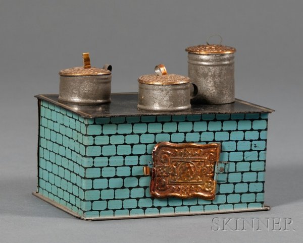 Small Lithographed Tin Cookstove and Cooking Vesse