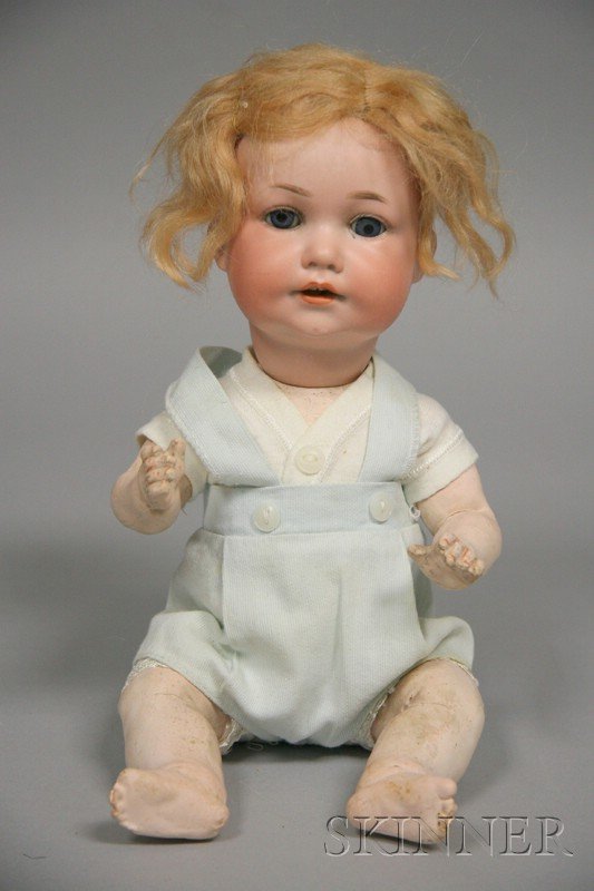 Armand Marseille 971 Bisque Character Boy, impress: Armand Marseille 971 Bisque Character Boy, impressed Germany, 971, A. 2 M., D.R.G.M. 267, with open mouth, two upper teeth, blue glass eyes (loose), blonde mohair wig, and five-piece bent-limb composi