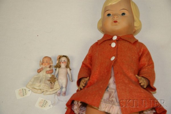 Four Dolls, German Sch÷berl & Becker No. 43 all-ce: Four Dolls, German Sch÷berl & Becker No. 43 all-celluloid girl with mermaid trademark, rigid neck, molded bobbed blonde hair, closed mouth, fixed blue eyes, jointed limbs, period pink taffeta dress, 