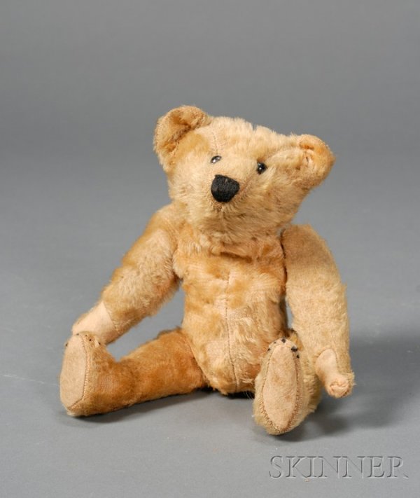 Early Ideal Gold Mohair Teddy Bear, with wide tria: Early Ideal Gold Mohair Teddy Bear, with wide triangular head, round side-set ears, black shoe button eyes, felt nose replaced with black embroidered nose, black claws, swivel joints at head, shoulder