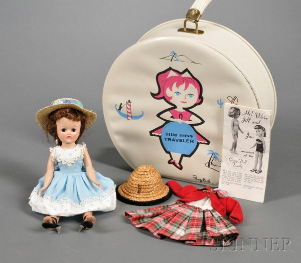 Vogue All-Vinyl "Jan" Doll, Travel Case and Wardro: Vogue All-Vinyl "Jan" Doll, Travel Case and Wardrobe, c. 1958, brown hair, blue sleeping eyes, closed mouth, jointed at head, shoulders, hips, and knees, assorted clothing, hats, and shoes, booklet li