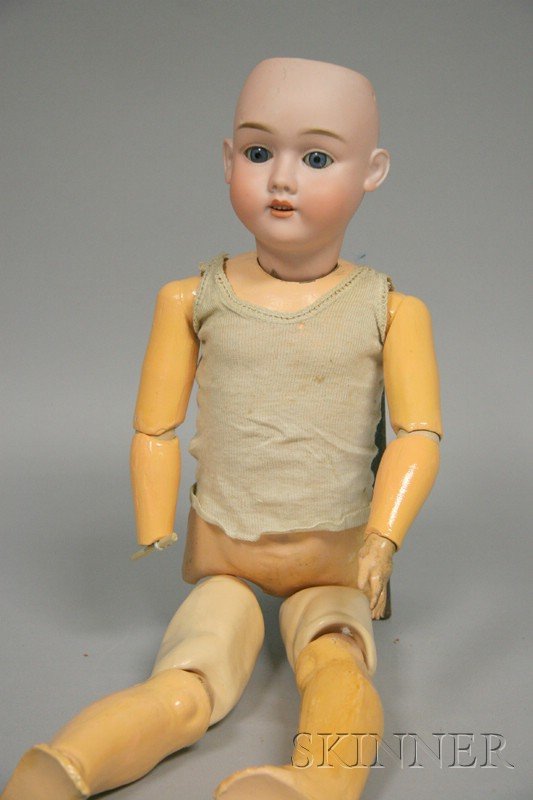 Max Handwerck Bisque Head Doll, Germany, early 20: Max Handwerck Bisque Head Doll,,/u> Germany, early 20th century, blue glass sleeping eyes, open mouth with teeth, impressed mark 2 1/2, fully-jointed composition body, (repairs, right hand missing, re