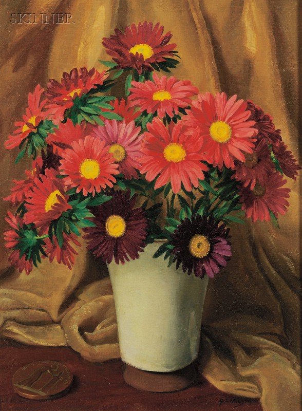 George Laurence Nelson (American, 1887-1978), Singl: George Laurence Nelson (American, 1887-1978) Single Asters Signed "G L NELSON" l.r., identified in a period inscription on the reverse, and on a label from Grand Central Art Galleries, Inc., N