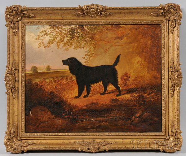 British School, 19th Century, Dog Portrait, Signed: British School, 19th Century Dog Portrait Signed and dated "R. Simpson 1848" l.r. Oil on canvas, 17 x 21 in., framed. Condition: Lined, retouch, craquelure, surface grime.