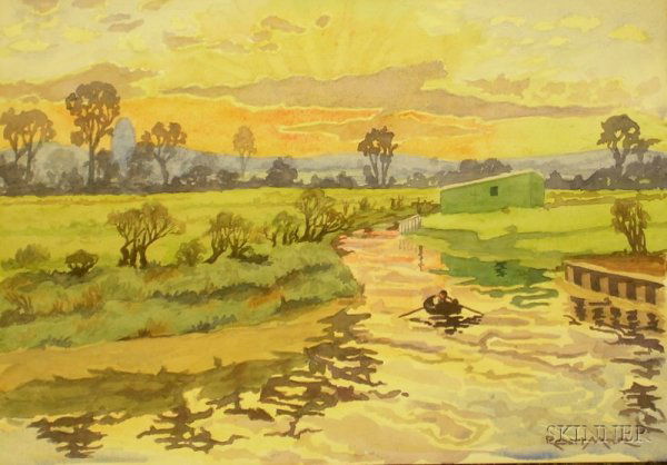 Unframed Watercolor on Paper River Landscape with: Unframed Watercolor on Paper River Landscape with Rower, inscribed "Robert Moore" l.r.