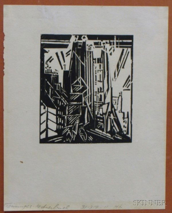 After Lyonel Feininger (American, 1871-1956) City.: After Lyonel Feininger (American, 1871-1956) City. Inscribed in pencil l.l., label from Ferdinand Roten, Baltimore, on the reverse. Bookplate, framed.