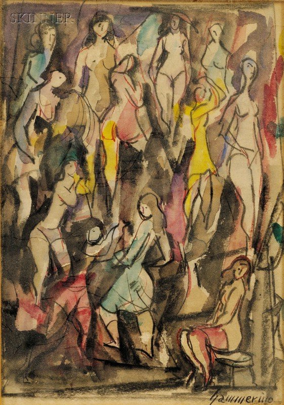 Aurelio James Yammerino (American, b. 1912), Lot o: Aurelio James Yammerino (American, b. 1912) Lot of Two Artist Model Scenes Each signed "Yammerino" l.r. and inscribed "...YAMMERINO... c/o MIDAS ART GALLERY/.. PORT CHESTER, N.Y. ..." on the reverse. 