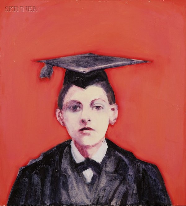 Melora Kuhn (American, b. 1971), Graduate, Signed,: Melora Kuhn (American, b. 1971) Graduate Signed, titled, and dated "...Melora Kuhn 2001" on the reverse. Oil on canvas, 24 x 22 in., unframed. Condition: Minor losses.