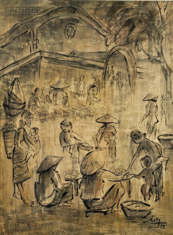 Two Genre Scenes:, Be Ky [BeKy] (Vietnamese, b. 19: Two Genre Scenes: Be Ky [BeKy] (Vietnamese, b. 1938), The Market Vendors, signed, dated and inscribed "BeKy/64/CHO'KON-T..." l.r., ink on silk; Thuan Ho (Vietnamese, 1920-2008), Market Scene,