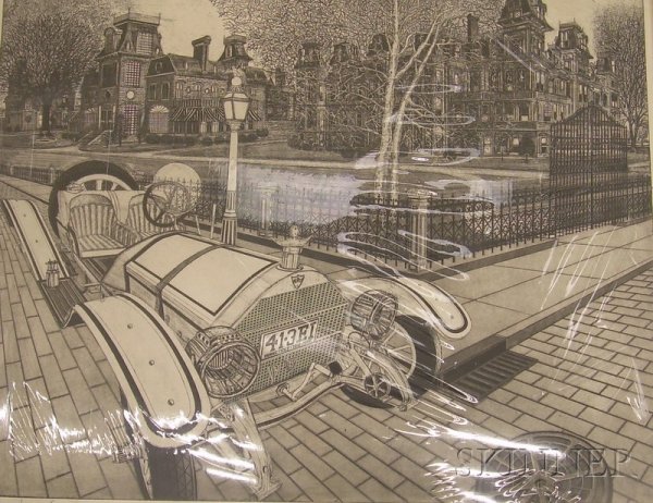 Unframed Etching on Paper Street Scene Boulevard b: Unframed Etching on Paper Street Scene Boulevard by Bruce McCombs (American, b. 1943), titled in pencil l.l., inscribed "Artist Proof" in pencil l.c. and "B. McCombs74imp" in pencil l.r., matted and