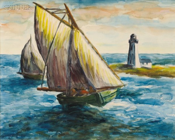 Paul Raphael Meltsner (American, 1905-1966), Saili: Paul Raphael Meltsner (American, 1905-1966) Sailing at the Point Signed "PAUL MELTSNER" l.r. Watercolor on paper/board, sight size 17 1/2 x 21 3/4 in., framed. Condition: Subtle toning, mild scattered