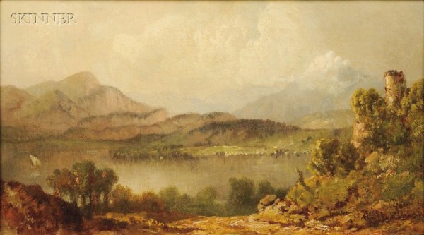 Andrew W. Melrose (American, 1836-1901) Landscape: Andrew W. Melrose (American, 1836-1901) Landscape with Tranquil Lake. Signed "A. Melrose" l.r. Oil on artist board, 6 x 11 in., framed. Condition: Surface grime, craquelure, retouch.